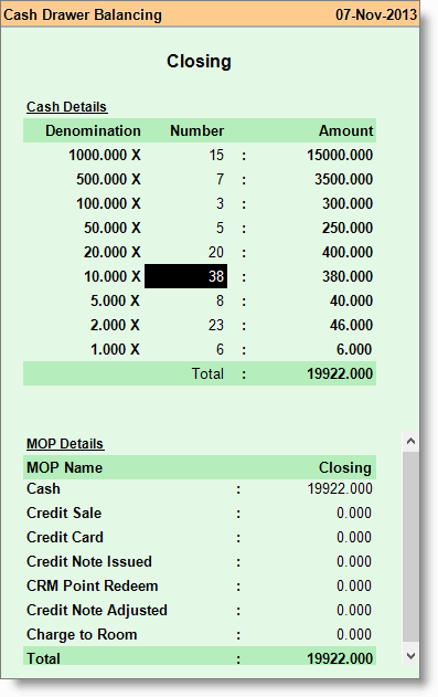 Enter closing cash