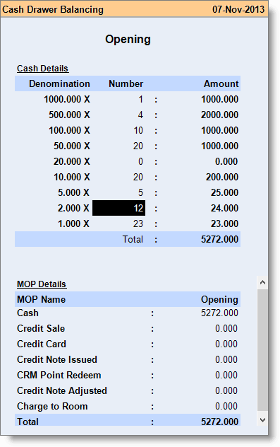 Enter Opening Cash