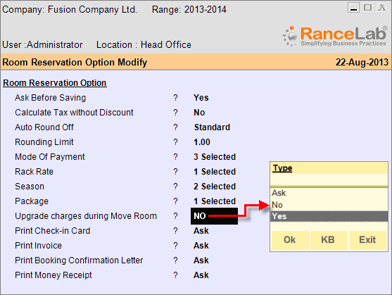 Upgrade room tariff